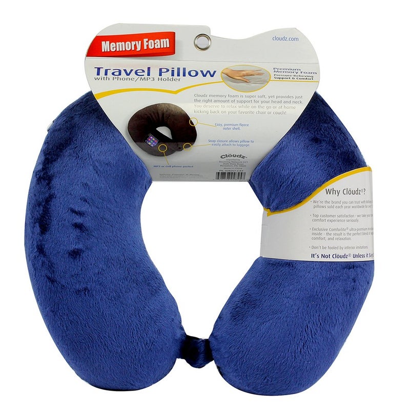 Cloudz Memory Foam Travel Neck Pillow with Snap & Pocket - Blue - Image 2